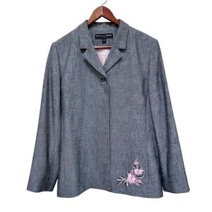 Kasper & Company Womens Gray Textured Blazer with Pink Floral Embroidery Size 14